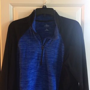 Blue and black fleece quarter zip top.